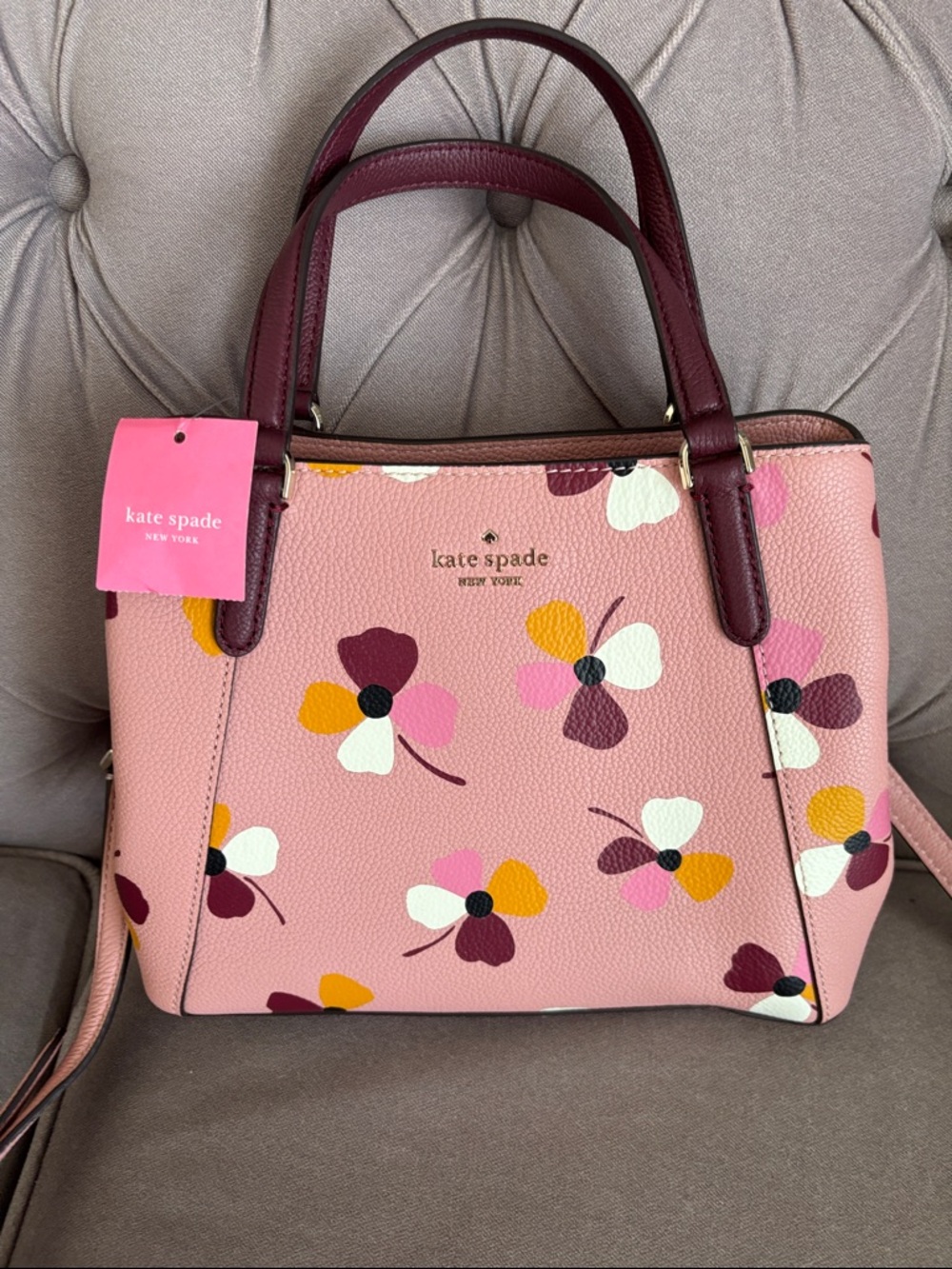 kate spade Pink Floral Satchel with Burgundy Handles NWT